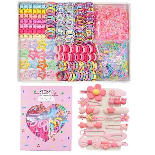 889 pcs Elastic Hair Ties for Girls Hair Accessories Ponytail Holders Colorful Rubber Bands Set with 14 pcs Cute Hair Clip