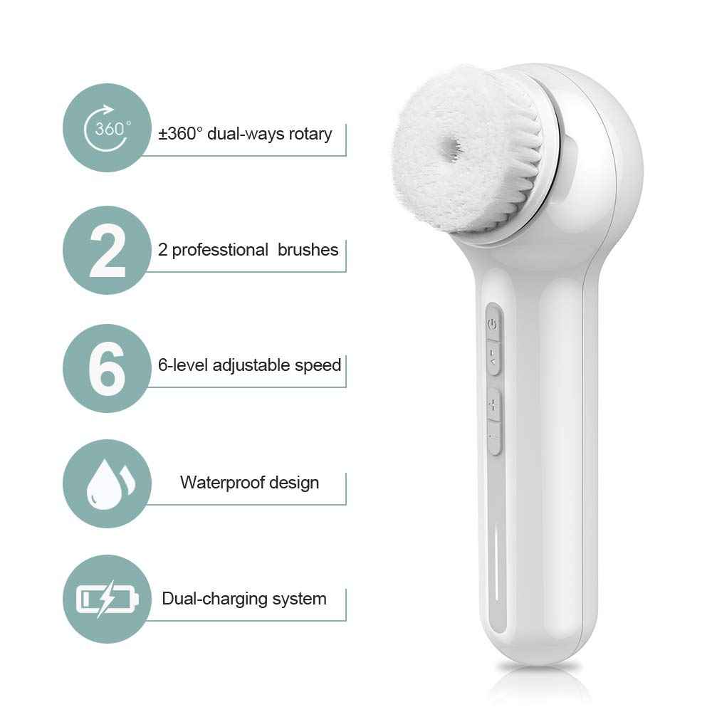 Face Scrubber Exfoliator, TOUCHBeauty Upgraded Rechargeable Electric Facial Cleansing Brushes with 3 Brush Heads,360° Spin Rotation for Exfoliating, Massaging and Deep Cleansing, Waterproof