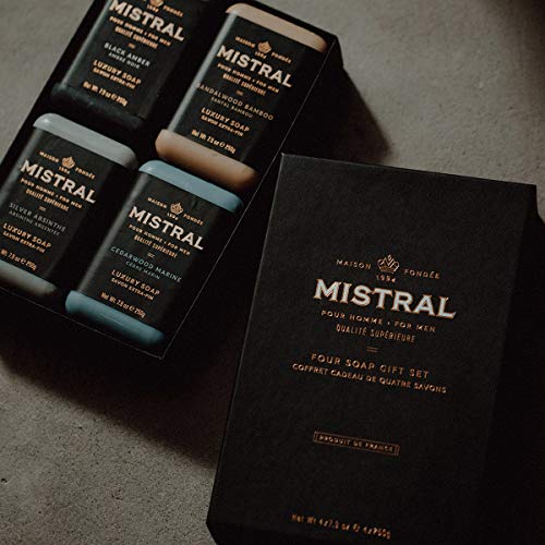 Mistral Men¡¯s Luxury Bar Soap for Men | Gift Set (4 x 8.8 oz) ? Grey Lavande, Cedarwood Marine, Teak Wood, Black Amber | Moisturizing, Triple-Milled Natural Soap for Men - Made in France