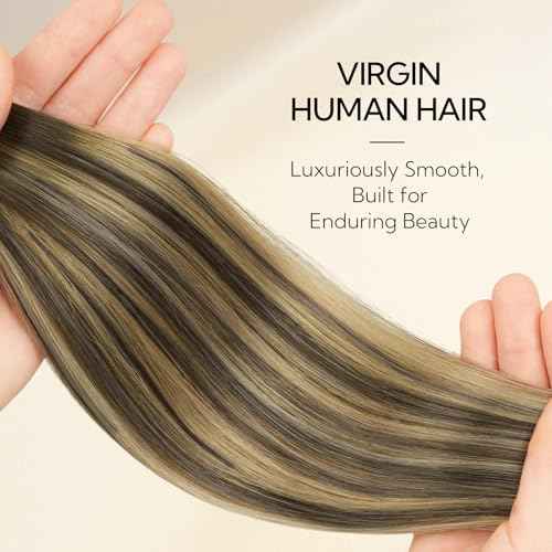 HOTBANANA Invisi Edge Tape in Hair Extensions Human Hair, 16inch 50g 10pcs Invisible & 10pcs Classic Chocolate Brown Mixed Caramel Blonde Balayage Seamless Tape in Hair Extensions Straight Injected