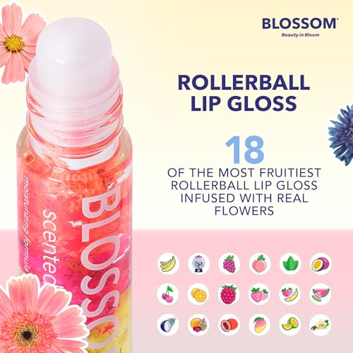 Blossom Roll on Lip Gloss, Scented Clear High Shine Moisturizing Lip Oil, Non Sticky, Infused with Real Flowers, Made in USA, 0.3 fl. oz./9ml, 3 pack Mini Gift Set, Strawberry, Watermelon, Mango