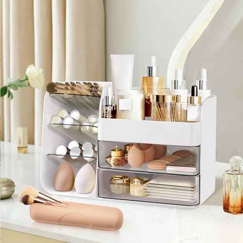 FZHZZ Makeup Organizer Countertop for Vanity, Cosmetic Organizer with Travel Makeup Brush Holder, Skincare Organizer & Storage with Drawers for Bathroom, Beauty Essentials, Eyeshadow, Lotions