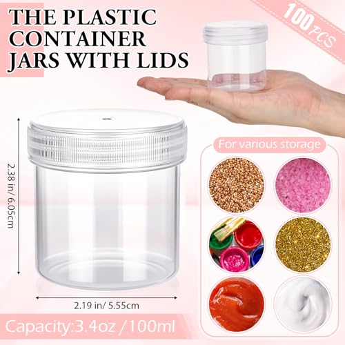 Meanplan 100 Pcs 3.4 oz Plastic Container Jars with Lids Round Leak Proof Refillable Small Cosmetic Jars for Lotion, Cream, Makeup, Eye Shadow, Rhinestone, Samples, Pot, Travel Storage(Clear)