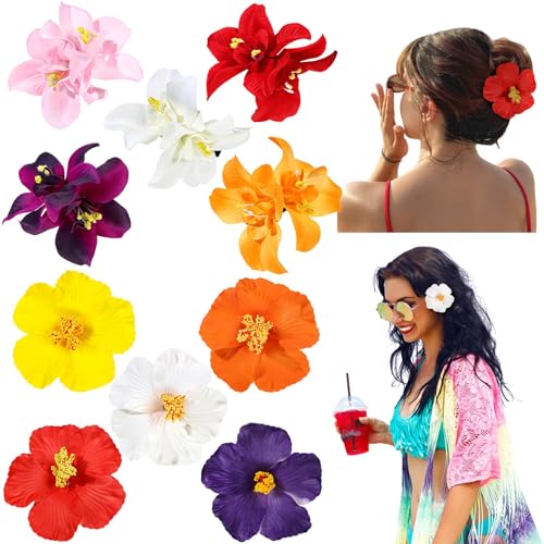 Hawaiian Flower Hair Clips - 10 Pc Set with Hibiscus & Plumeria