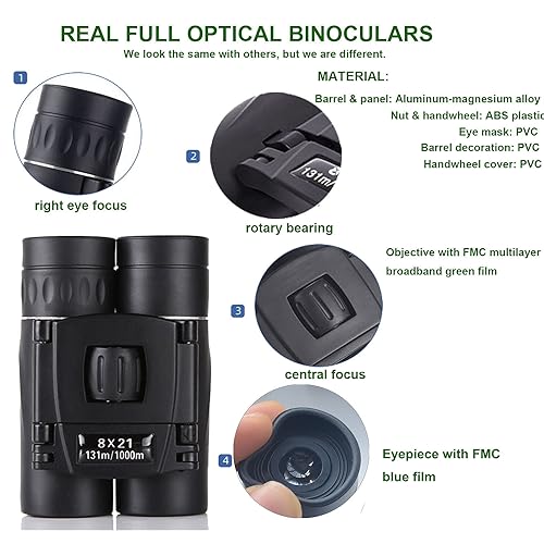 8x21 Compact Binoculars for Bird Watching, Mini Small Binoculars for Adults Teens, Full Optical Binoculars for Opera Hiking Hunting Travel Concert Gift(Black)