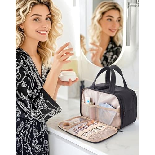 BAGSMART Travel Toiletry Bag, Puffy Large Toiletry Bag for Women, Lightweight Cosmetic Makeup Bag Organizer with Handle for Traveling, Accessories, Essentials, Toiletries (Black)