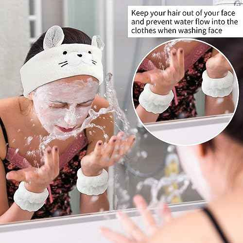 AHONEY Face Wash Headband and Wristband Set, Cute Makeup Spa Skincare Headbands Wrist Bands for Washing Face Headband for Women Girls Elastic Animal Hair Band (White&Grey)