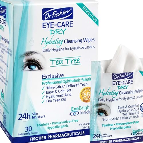 Dr. Fischer Tea Tree Eyelid Wipes for Dry Eyes - Gentle Eye Wipes for Everyday Eye Conditions and Hypoallergenic Makeup Remover (60 Wipes)