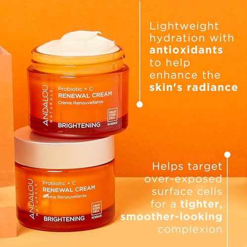 Andalou Naturals Probiotic + Vitamin C Renewal Cream-Complexion Enhancing Hydrating Face Moisturizer-Helps Promote Firmer Skin&More Even Tone-Lightweight,Non-Greasy Formula-1.7 Oz,(Pack of 2)