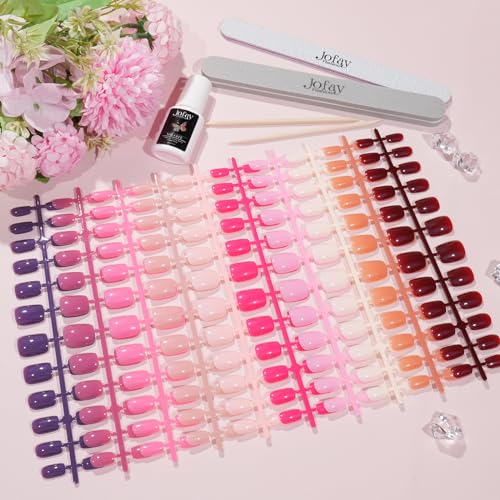 240Pcs Press on Nails Short Kit, Jofay Fashion 10 Solid Color Valentines Fake Nails with Glue, Natural Glossy Artificial Acrylic False Nails, Stick on Nails for Women, Soft Gel Glue on Nails Kit