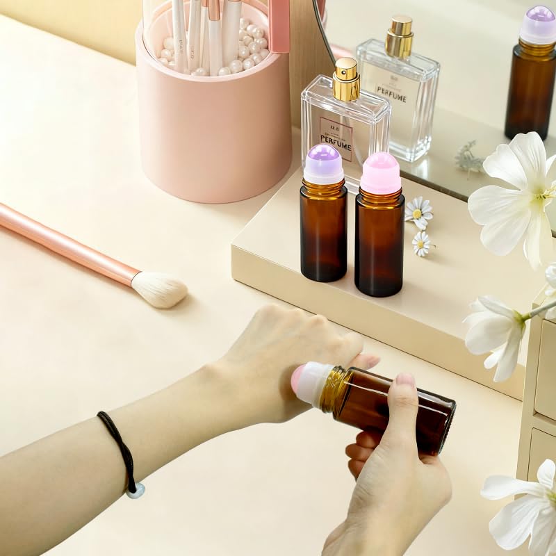 Rose Quartz Roller Bottles 50ml - Amber Glass Essential Oil Bottles