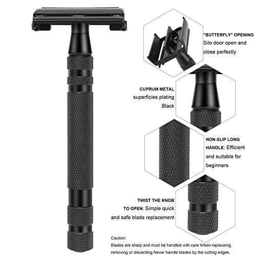 Amazing Safety Razor Shave Kit - Mysterious Black Men's Shaving & Grooming Sets - Butterfly Open Safety Razor,Friendly Brush,Great Shaving Stand,Shaving Soap Bowl, Super Stainless Blades