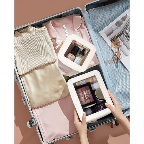 KOTORA Clear Makeup Bag Organizer Set,Portable Travel Toiletry Case for Women, Vegan Leather Cosmetic Pouch Car Bag for Essentials Car Accessories for Women Girls(White)