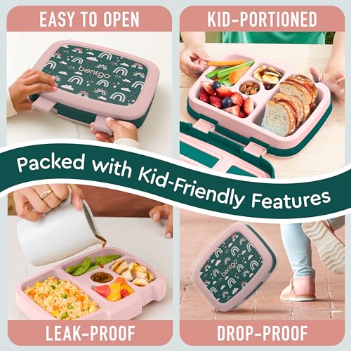 Bentgo Kids Prints Leak-Proof, 5-Compartment Bento-Style Kids Lunch Box - Ideal Portion Sizes for Ages 3-7, Durable, Drop-Proof, Dishwasher Safe, & Made with BPA-Free Materials (Green Rainbow)