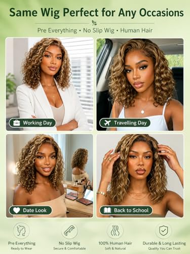 KLAIYI Blonde Bob Water Wave Glueless Lace Front Wig 10inch