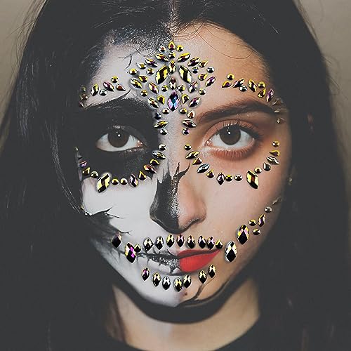 Halloween Sugar Skull Face Gems Jewels Skull Temporary Rhinestone Face Tattoo Day Of The Dead Face Decal Tattoo Stickers For Halloween Festival Rave Party Festival Accessories (Black Gold)