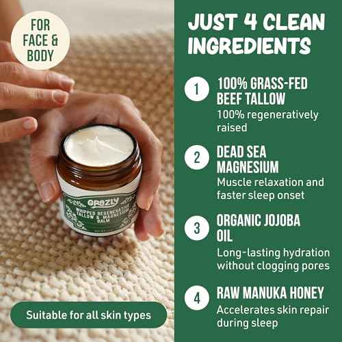 Whipped Beef Tallow for Skin w/Dead Sea Magnesium, Manuka Honey & Jojoba Oil - Grass Fed Beef Tallow Balm - Body & Face Moisturizer for Dry, Sensitive Skin - Unscented - 2.5oz