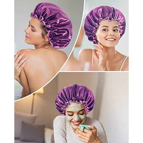 Aquior Shower Caps, Reusable Shower Cap for Women, Double Layer Waterproof Hair Cap, Large Size for All Hair Lengths,for Girls Spa Home Salon Use (purple)