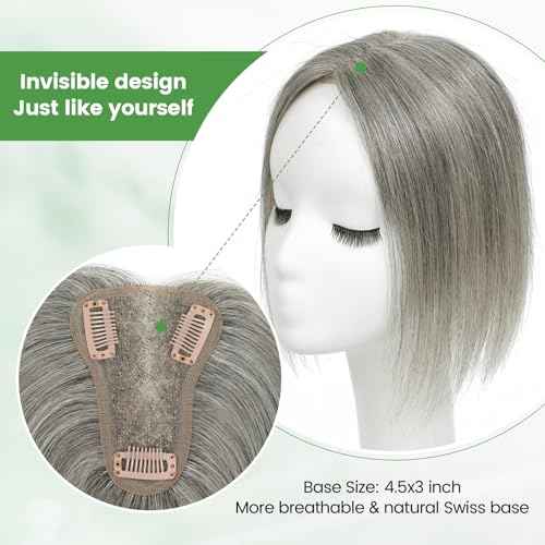 Hair Toppers for Women Upgrade Swiss Lace Base Hair Topper 10inch Hairpieces for Women with Hairloss (Mixed Grey)
