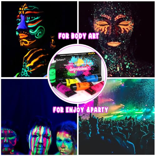 Depvision Glow in the Dark UV Face and Body Paint 6*10ml Neon Blacklight 0.34oz Reactive Fluorescent for Christmas Halloween Party Non-toxic