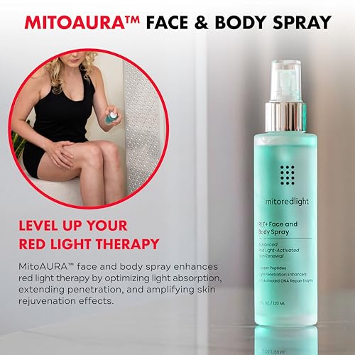 Mito Red Light - MitoAURA¢â: Red Light Therapy-Enhancing Face & Body Spray- Light-Responsive Glow Spray with Copper Peptides & Blue Spirulina - Boost Radiance, Firmness & Skin Vitality- 4 FL OZ