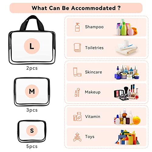 TISRATOK 10 PCS Clear Travel Makeup Toiletry Bag, Plastic PVC Cosmetic TSA Approved Organizer Kit with Zipper Handbag£¨Black£©