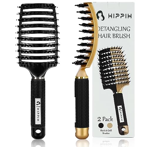 HIPPIH Boar Bristle Hair Brush Set for All Hair Types - Detangling & Smoothing