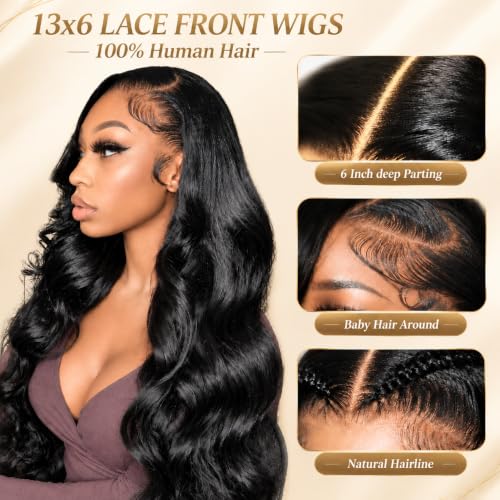 RUNBUY 13x6 Body Wave Lace Front Wigs Human Hair Pre Plucked 26 Inch Natural Color