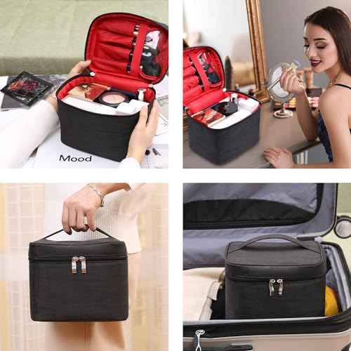 Makeup Bag Travel Makeup Cosmetic Bag Case Organizer Makeup Pouch with Mesh Bag Makeup Brush Holder Bag Toiletry Bags for Women - Black