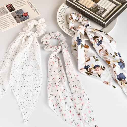 4-Piece Satin Hair Scarf Scrunchies for Women Girls, No Damage Cute Hair Ties with Bow Ribbons Ponytail Holders Elastic Rubber Bands (White Flower)