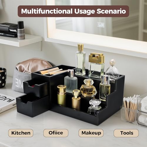 Countertop Perfume & Makeup Organizer - Wooden Rack, Cologne Stand Shelves & Skincare Organizer for Bedroom Dresser, Organizador de Perfumes Estante para Perfumes (Black, 01)