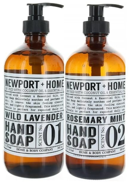 Energetic Pairing: 2-Pack Reusable Glass Bottles, Newport & Home Hand Soap - Wild Lavender and Rosemary Mint Infused with Essential Oil - 16 Fl oz Each, Crafted by Home & Body Co.