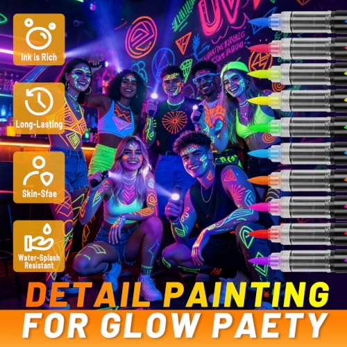 Glow In The Dark Face Paint Pens, 10 UV Neon Colors, Waterproof