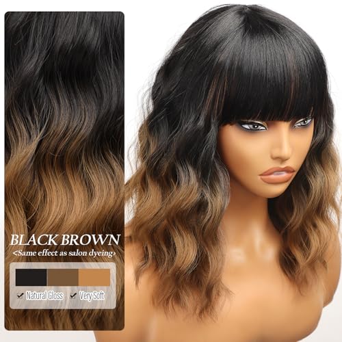 Ombre Brown Wavy Bob Wig with Bangs - 16 Inch