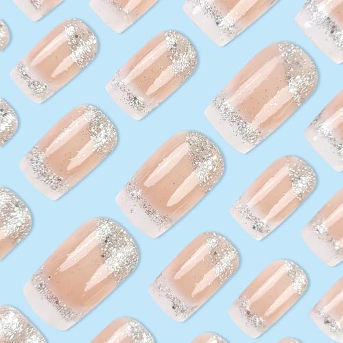 24 Pcs White French Tip Press on Nails Medium Square Fake Nails with Glue Glitter Full Cover False Nails with Silver Sequin Design Acrylic Nails Press ons Coffin Nail Tips Glue on Nails for Women