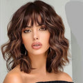 Brown Highlight Bob Wig with Bangs - Wavy Curly Short Hair