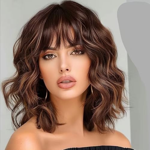 Brown Highlight Bob Wig with Bangs - Wavy Curly Short Hair