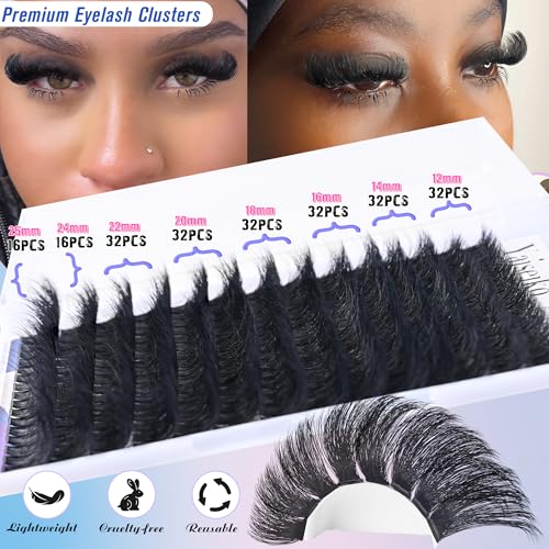 Lash Clusters Kit 12-25mm Thick Cluster Eyelash Extensions Kit 224Pcs 150D Volume Individual Lashes with Lash Bond and Seal Wispy D Curly Waterproof Matte Black False Eyelashes, by Yaiseiko