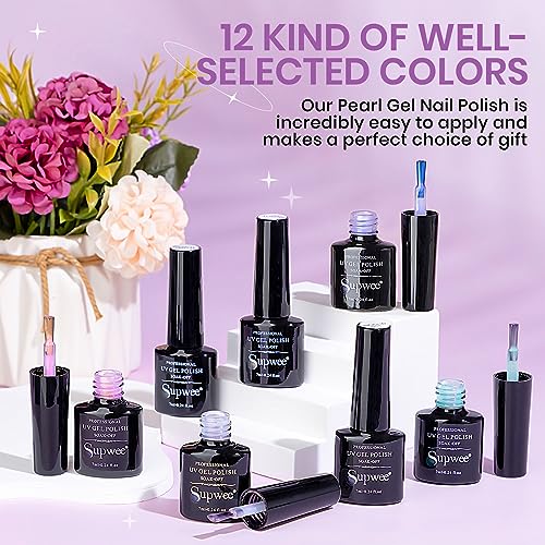 SUPWEE Pearl Gel Nail Polish - 12 Colors Shimmer Mermaid Nail Gel Polish White Pink Blue Iridescent Nail Polish Gel Soak Off UV Gel for Nail Art Polish DIY at Home