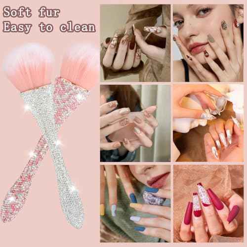 2 PCS Nail Art Dust Brush Shiny Rhinestone Nail Fust Brush Ultra Soft Nylon Dust Brush for Nails Large Brush Cleaner Nail Brushes for Nail Art Cleaner Tools Shape Nail Brush & Makeup Brush