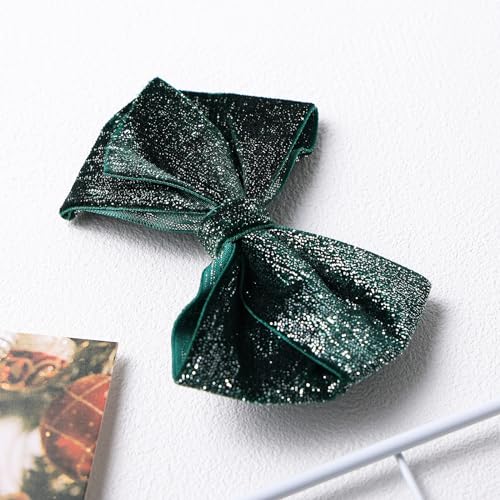 Christmas Glitter Dark Green Velvet Ribbon Hair Bow Clips 4" Cute Alligator Barrettes Pins Xmas Party Dress Outfit Decor Accessory For Teen Toddler Baby Girls Kids Women Gift