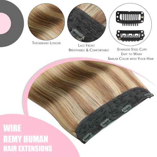 SURNEL Wire Hair Extension Invisible Fish Line Hair Extensions Real Human Hair Ash Brown to Caramel Blonde Wire Hair Extensions for Women 16 inch 65g(#10/16/16,16inch)