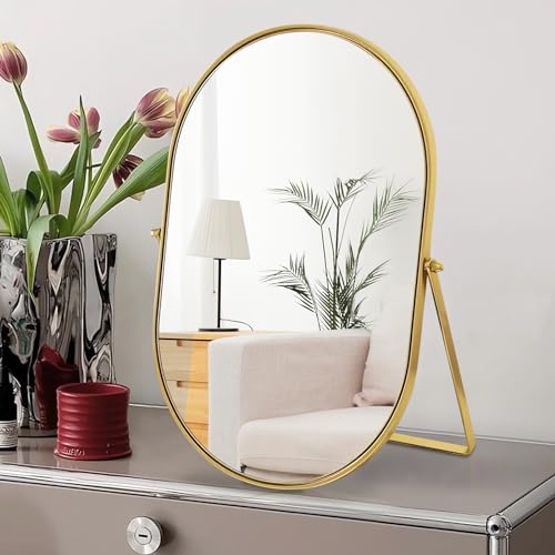 Numjeg 12x9" Oval Vanity Mirror - Gold Metal Frame, 90° Adjustable
