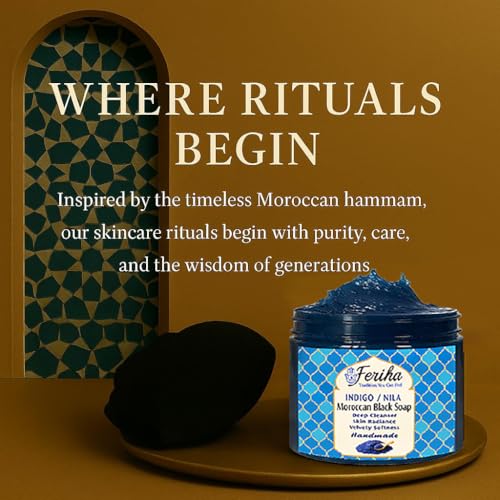 FERIHA Moroccan Indigo (Nila) Black Soap + Original Kessa Exfoliating Glove ? Traditional Hammam Duo for Deep Cleansing and Radiant Skin