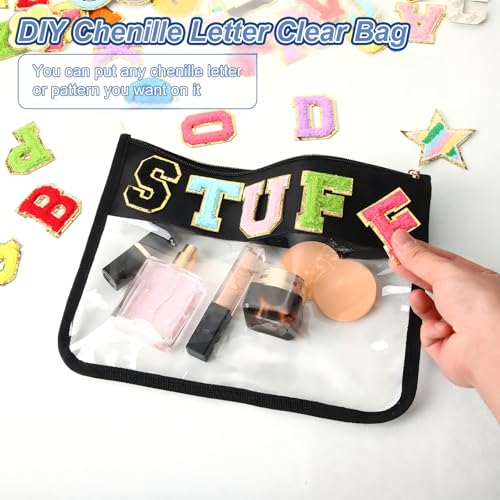 Teling 8 Pieces Clear Makeup Bags DIY Chenille Letter Pouch Clear Zipper Pouches Travel PVC Oxford Cloth Cosmetic Portable Waterproof Makeup Storage Bag Toiletry Snack Organizer for Women Girls, Black