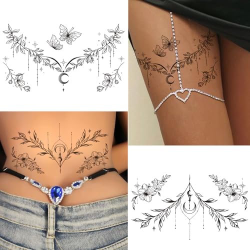 Tazimi 10 Sheets Large Black Flower Chest Underboob Temporary Tattoos for Women &Waist Back Fake Tattoos for girl Adults, Realistic Mandala Flower branch Tattoo Stickers Body Art
