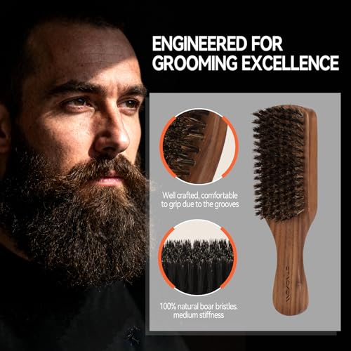 Walnut Wood Boar Bristles Beard Brush Kit for Men, Beard Grooming & Hair Styling Quiff, Pompadour, Slicked-back, Undercut, Straightens & Promotes Beard Growth - Works with Beard Oils and Balms