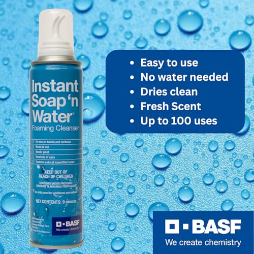 BASF Instant Soap 'n Water, Foaming Hand Cleanser, Ready to Use No Rinse Subtle Scent Skin Cleaner, On the Go, Home, Work, Travel, Up to 100 Washes, (6) 9 oz
