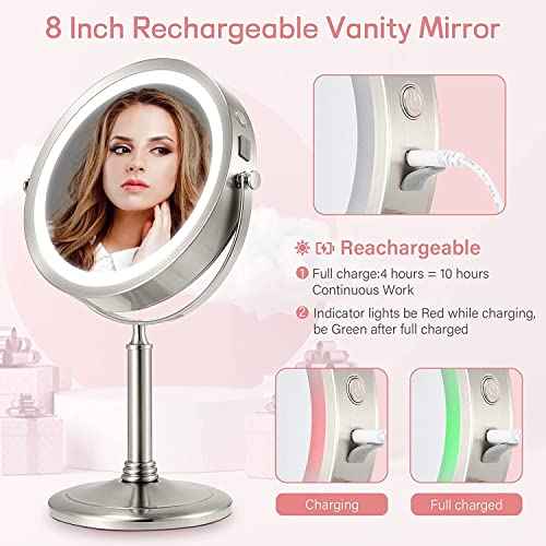 VESAUR 8¡± Rechargeable Lighted Makeup Mirror, 1X/10X Magnifying Vanity Mirror with 3 Colors 50 Dimmable LED Lights