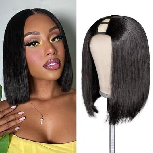 Enguer V Part Wig Human Hair Bob Wig Human Hair for Black WomenBrazilian Remy Human Hair BobWigs Beginner Friendly No Glue No Sew in Glueless WigsNatural Black 10inch